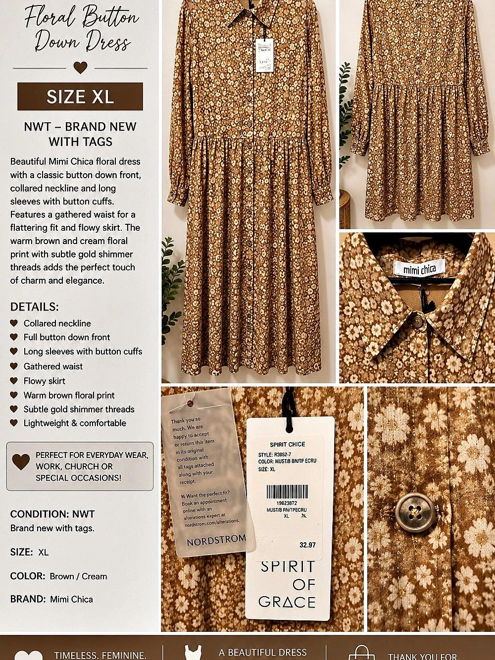 Mimi Chica Floral Button Front Maxi Dress Brown & Cream XL NWT